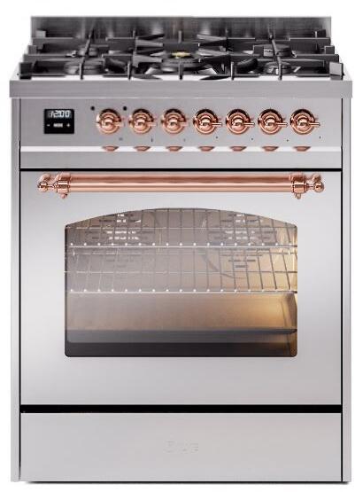 Ilve UP30NMPSSP Nostalgie Ii 30 Inch Dual Fuel Natural Gas Freestanding Range In Stainless Steel With Copper Trim