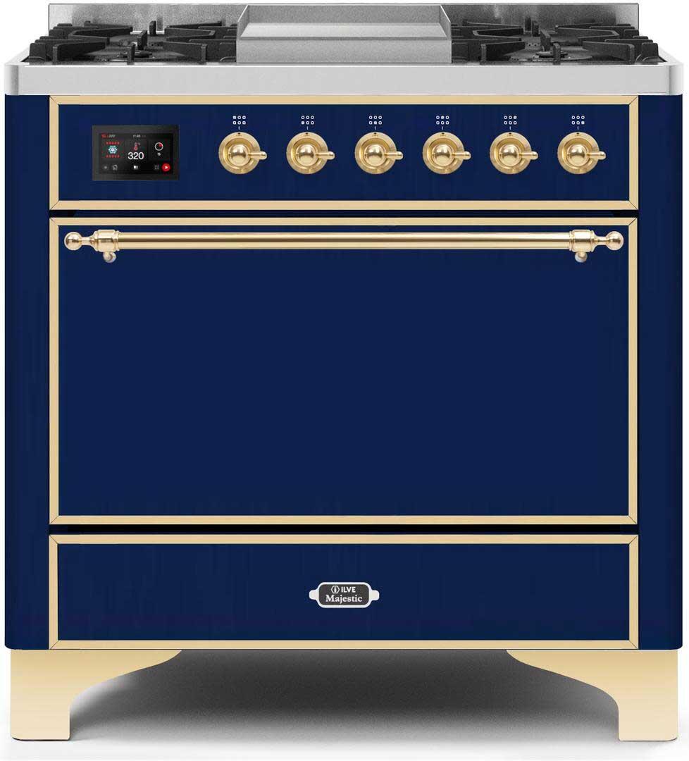 Ilve UM09FDQNS3MBGLP Majestic Ii 36 Inch Dual Fuel Liquid Propane Freestanding Range In Blue With Brass Trim