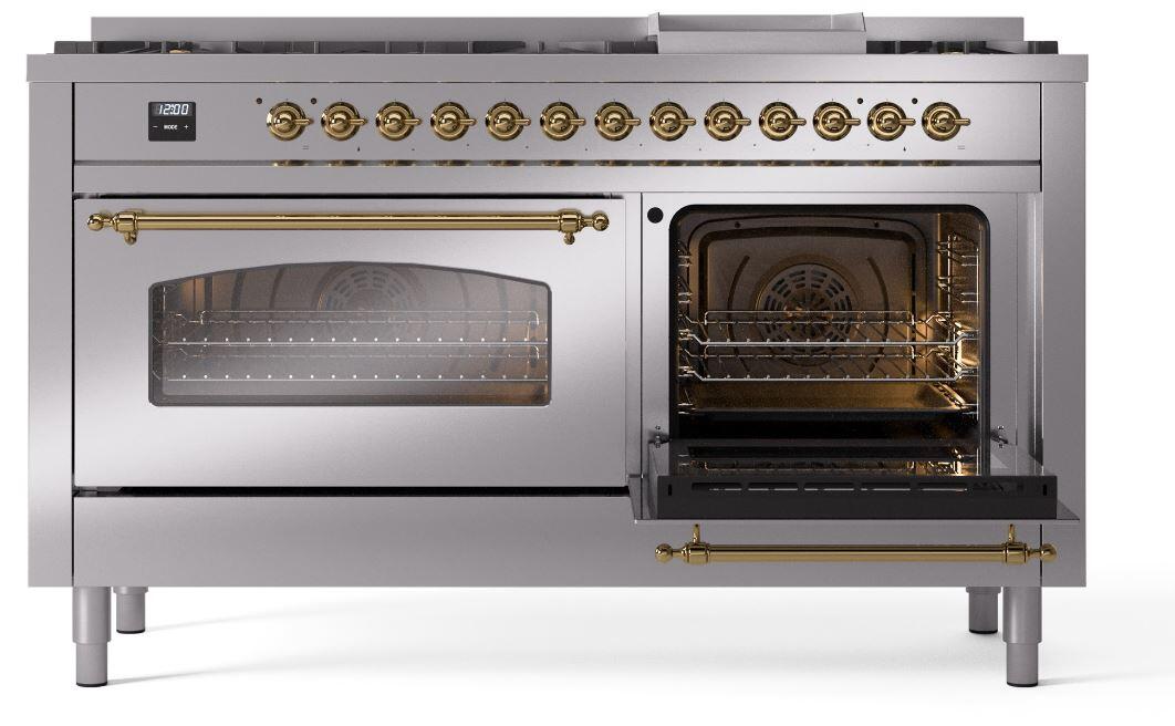 Ilve UP60FNMPSSGLP Nostalgie Ii 60 Inch Dual Fuel Liquid Propane Freestanding Range In Stainless Steel With Brass Trim