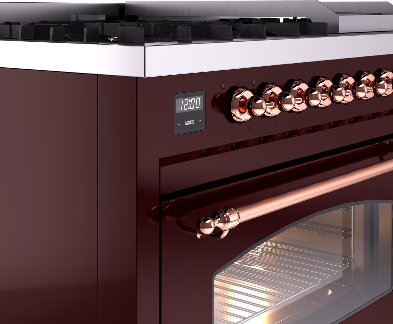 Ilve UP48FNMPBUP Nostalgie Ii 48 Inch Dual Fuel Natural Gas Freestanding Range In Burgundy With Copper Trim