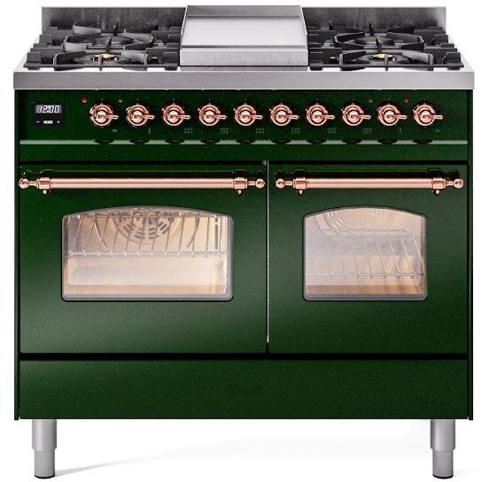 Ilve UPD40FNMPEGPLP Nostalgie Ii 40 Inch Dual Fuel Liquid Propane Freestanding Range In Emerald Green With Copper Trim