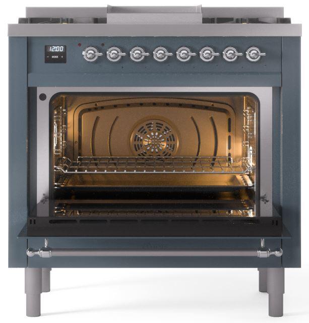 Ilve UP36FNMPBGCLP Nostalgie Ii 36 Inch Dual Fuel Liquid Propane Freestanding Range In Blue Grey With Chrome Trim