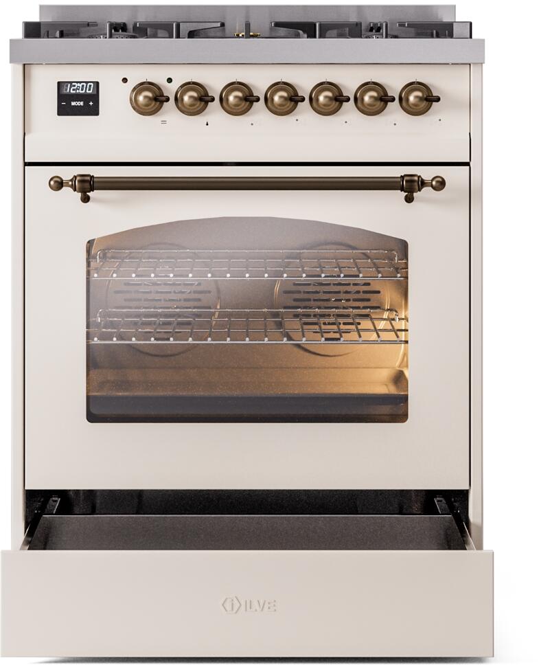 Ilve UP30NMPAWB Nostalgie Ii 30 Inch Dual Fuel Natural Gas Freestanding Range In Antique White With Bronze Trim