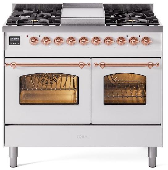 Ilve UPD40FNMPWHP Nostalgie Ii 40 Inch Dual Fuel Natural Gas Freestanding Range In White With Copper Trim