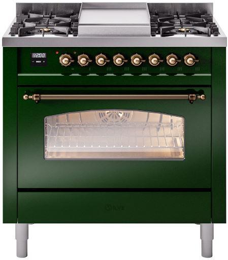 Ilve UP36FNMPEGB Nostalgie Ii 36 Inch Dual Fuel Natural Gas Freestanding Range In Emerald Green With Bronze Trim