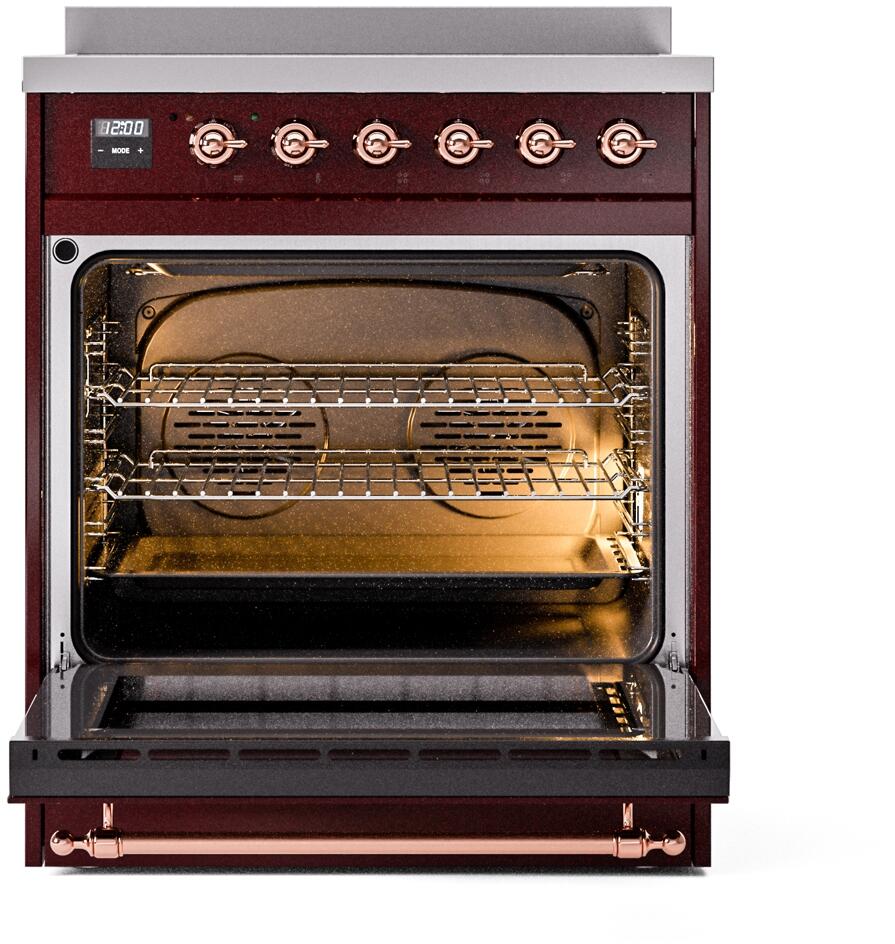 Ilve UPI304NMPBUP Nostalgie Ii 30 Inch Electric Freestanding Range In Burgundy With Copper Trim