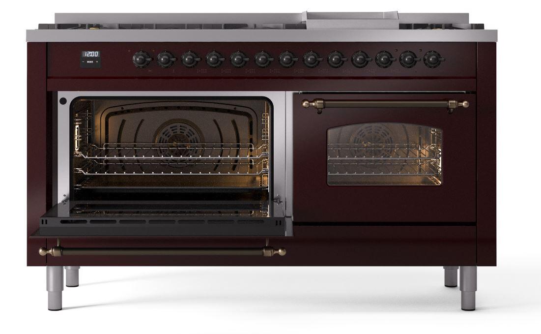 Ilve UP60FNMPBUBLP Nostalgie Ii 60 Inch Dual Fuel Liquid Propane Freestanding Range In Burgundy With Bronze Trim