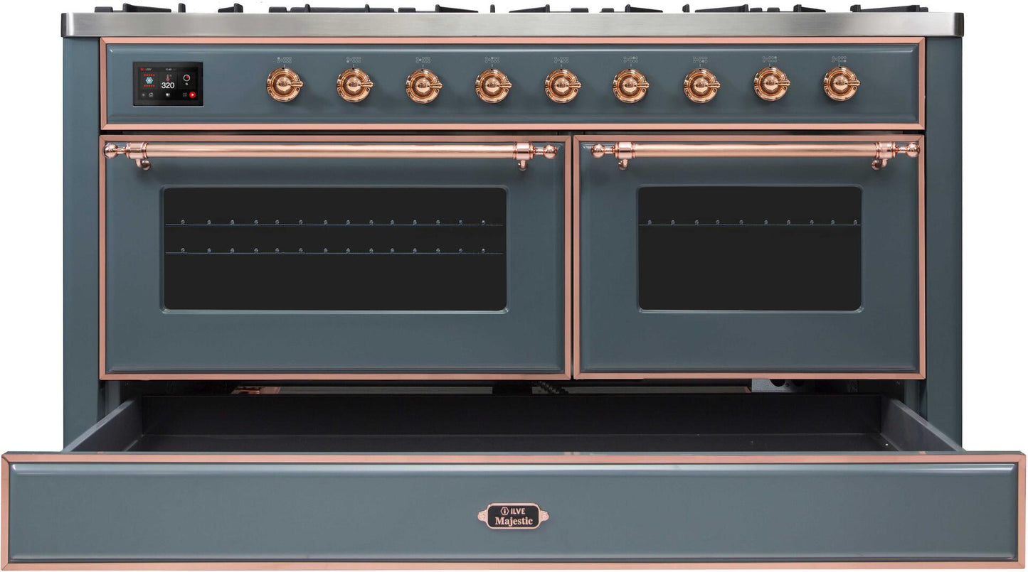 Ilve UM15FDNS3BGPLP Majestic Ii 60 Inch Dual Fuel Liquid Propane Freestanding Range In Blue Grey With Copper Trim