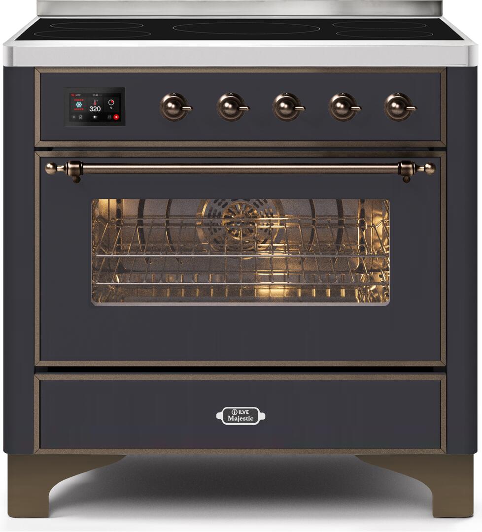 Ilve UMI09NS3MGB Majestic Ii 36 Inch Electric Freestanding Range In Matte Graphite With Bronze Trim