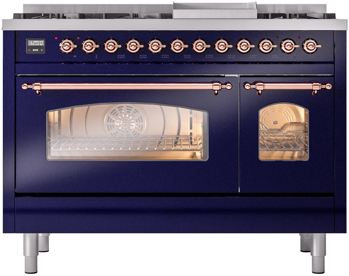 Ilve UP48FNMPMBPLP Nostalgie Ii 48 Inch Dual Fuel Liquid Propane Freestanding Range In Blue With Copper Trim