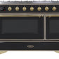 Ilve UM12FDNS3BKG Majestic Ii 48 Inch Dual Fuel Natural Gas Freestanding Range In Glossy Black With Brass Trim