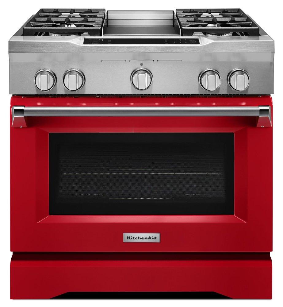 Kitchenaid KDRS463VSD 36'' 4-Burner With Griddle, Dual Fuel Freestanding Range, Commercial-Style - Signature Red