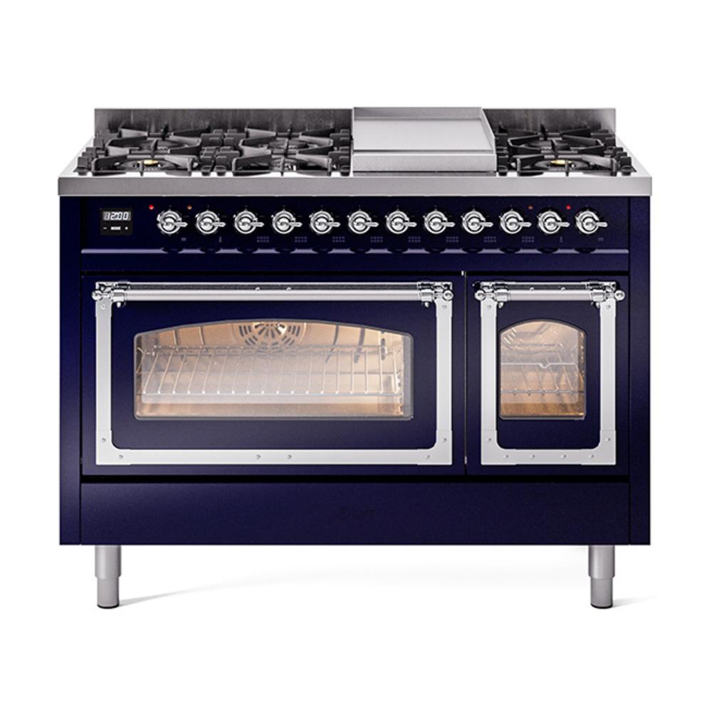 Ilve UN48FNMPMBCLP Ilve Un48Fnmpmbclp Nostalgie Ii Noblesse 48" Dual Fuel Range (8 Sealed Burners + Griddle, Liquid Propane, Triple Glass Door, Midnight Blue, Chrome)