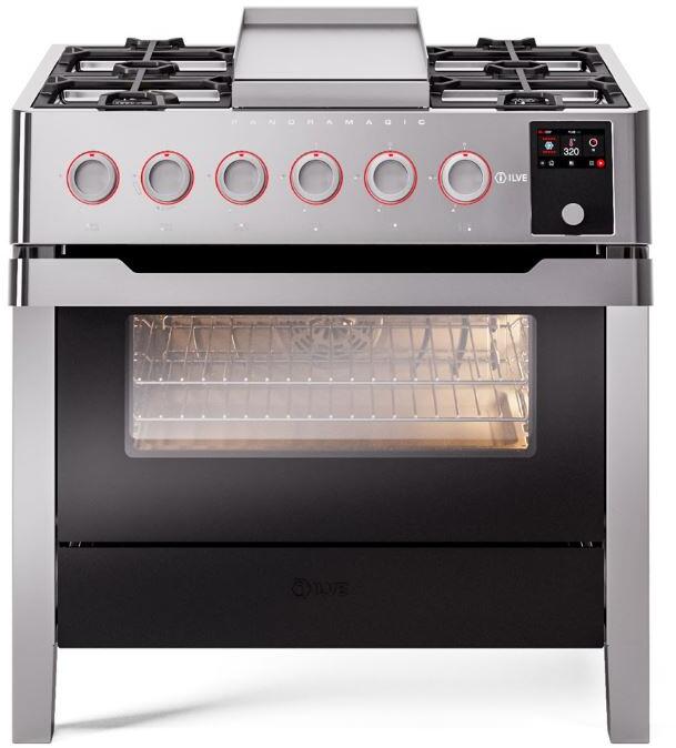 Ilve UPM09FDS3SSLP Panoramagic 36 Inch Dual Fuel Liquid Propane Freestanding Range In Stainless Steel With Trim