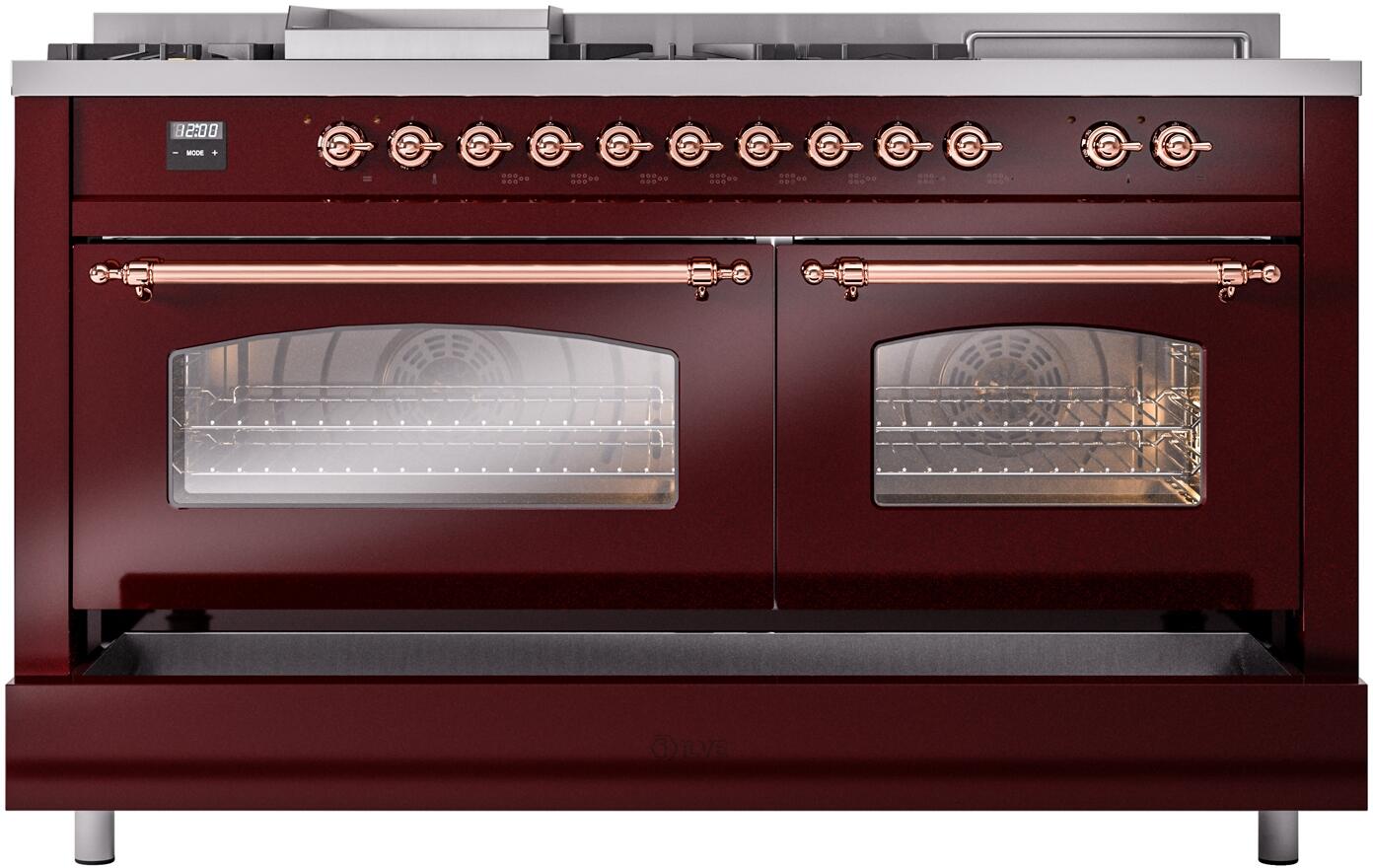 Ilve UP60FSNMPBUPLP Nostalgie Ii 60 Inch Dual Fuel Liquid Propane Freestanding Range In Burgundy With Copper Trim