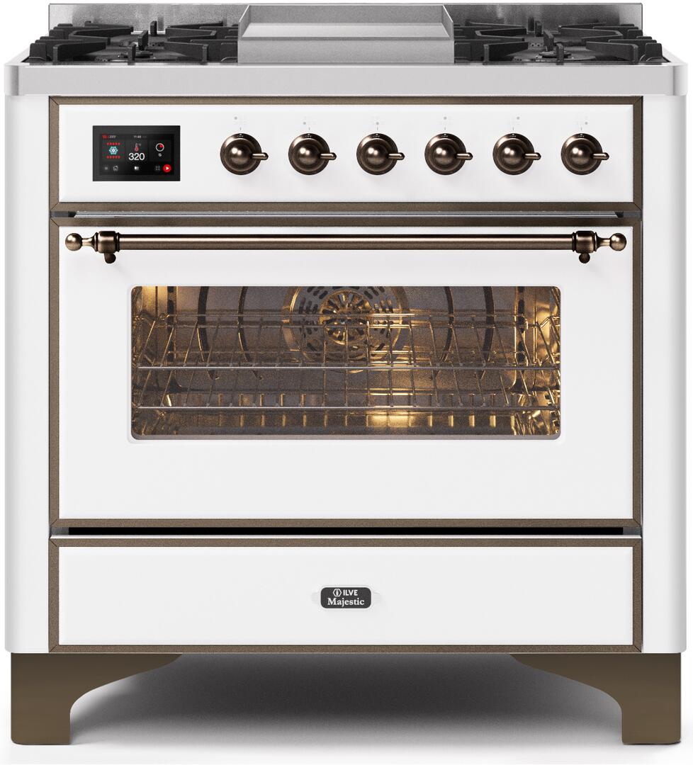 Ilve UM09FDNS3WHBLP Majestic Ii 36 Inch Dual Fuel Liquid Propane Freestanding Range In White With Bronze Trim