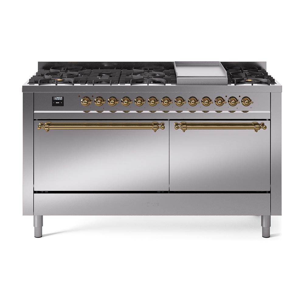 Ilve UP60FQNMPSSGLP Ilve Nostalgie Ii 60 Up60Fqnmpssg Freestanding Dual Fuel Range With 9 Sealed Burners Double Oven With Solid Door In Stainless Steel With Brass Knobs