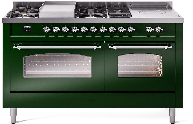 Ilve UP60FSNMPEGC Nostalgie Ii 60 Inch Dual Fuel Natural Gas Freestanding Range In Emerald Green With Chrome Trim