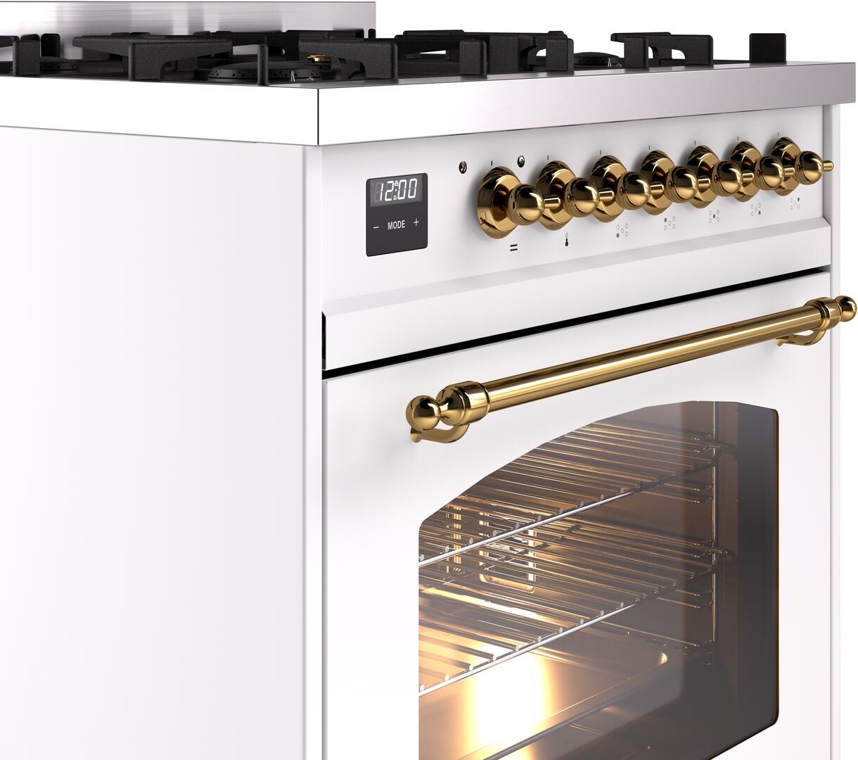 Ilve UP30NMPWHG Nostalgie Ii 30 Inch Dual Fuel Natural Gas Freestanding Range In White With Brass Trim