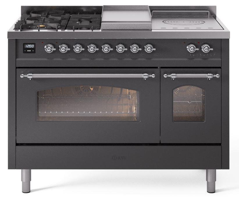 Ilve UP48FSNMPMGC Nostalgie Ii 48 Inch Dual Fuel Natural Gas Freestanding Range In Matte Graphite With Chrome Trim