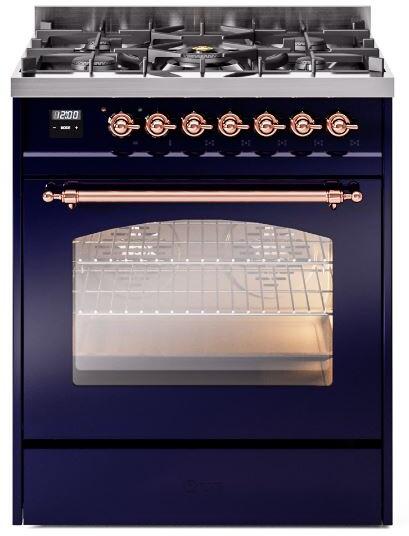 Ilve UP30NMPMBP Nostalgie Ii 30 Inch Dual Fuel Natural Gas Freestanding Range In Blue With Copper Trim