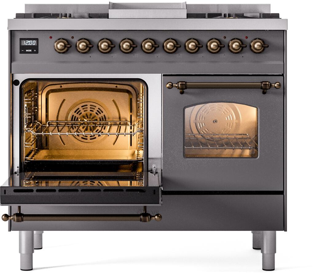 Ilve UPD40FNMPMGB Nostalgie Ii 40 Inch Dual Fuel Natural Gas Freestanding Range In Matte Graphite With Bronze Trim