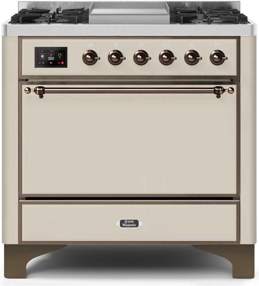 Ilve UM09FDQNS3AWBLP Majestic Ii 36 Inch Dual Fuel Liquid Propane Freestanding Range In Antique White With Bronze Trim