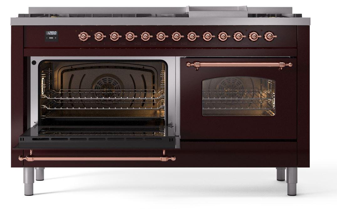 Ilve UP60FNMPBUP Nostalgie Ii 60 Inch Dual Fuel Natural Gas Freestanding Range In Burgundy With Copper Trim