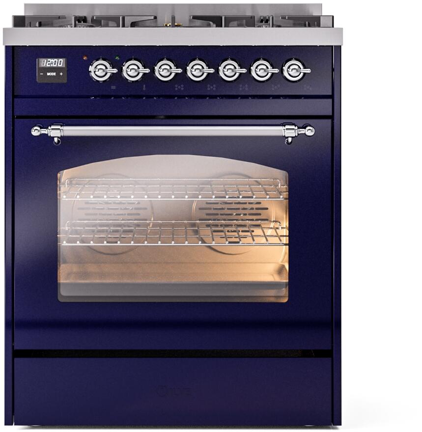 Ilve UP30NMPMBCLP Nostalgie Ii 30 Inch Dual Fuel Liquid Propane Freestanding Range In Blue With Chrome Trim