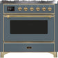 Ilve UM09FDNS3BGG Majestic Ii 36 Inch Dual Fuel Natural Gas Freestanding Range In Blue Grey With Brass Trim