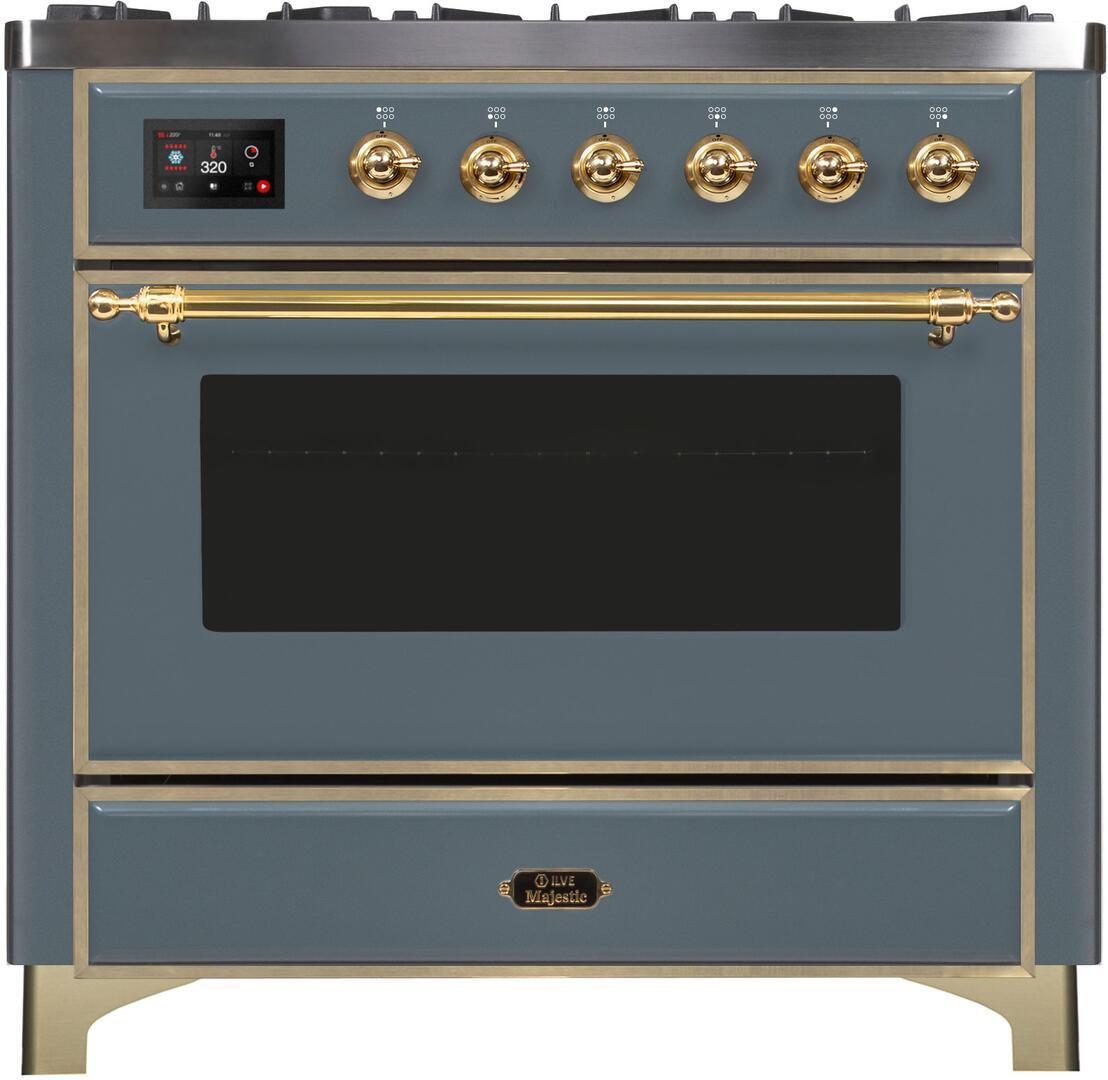 Ilve UM09FDNS3BGG Majestic Ii 36 Inch Dual Fuel Natural Gas Freestanding Range In Blue Grey With Brass Trim