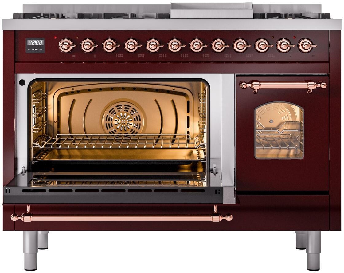 Ilve UP48FNMPBUP Nostalgie Ii 48 Inch Dual Fuel Natural Gas Freestanding Range In Burgundy With Copper Trim