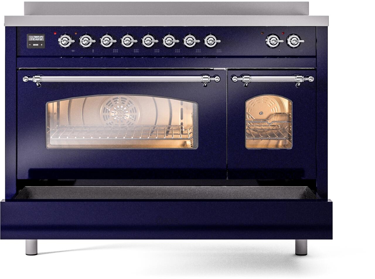 Ilve UPI486NMPMBC Nostalgie Ii 48 Inch Electric Freestanding Range In Blue With Chrome Trim