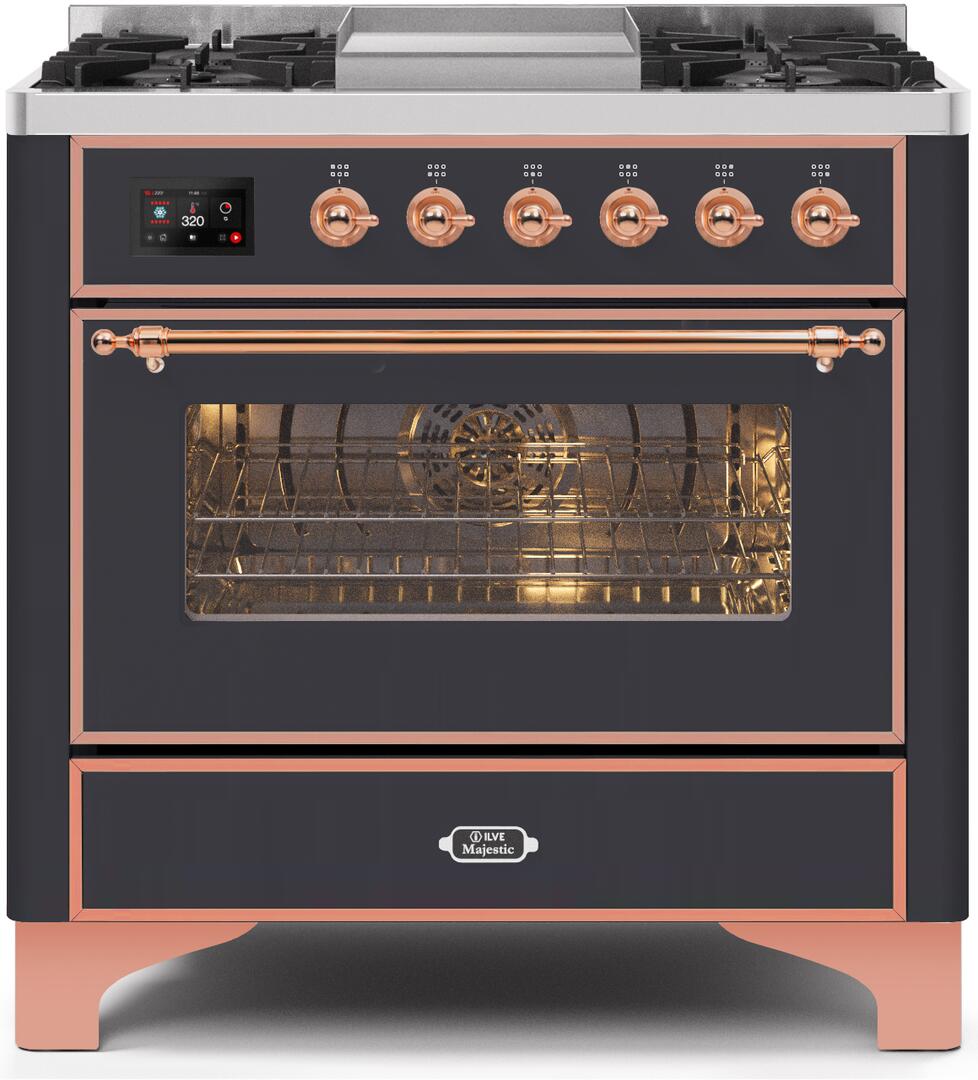 Ilve UM09FDNS3MGPLP Majestic Ii 36 Inch Dual Fuel Liquid Propane Freestanding Range In Matte Graphite With Copper Trim