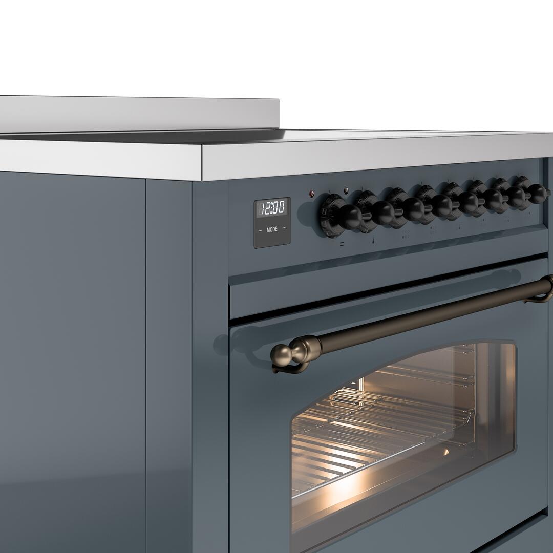 Ilve UPI366NMPBGB Nostalgie Ii 36 Inch Electric Freestanding Range In Blue Grey With Bronze Trim