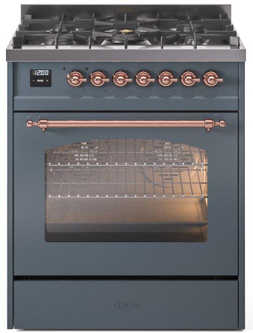 Ilve UP30NMPBGP Nostalgie Ii 30 Inch Dual Fuel Natural Gas Freestanding Range In Blue Grey With Copper Trim