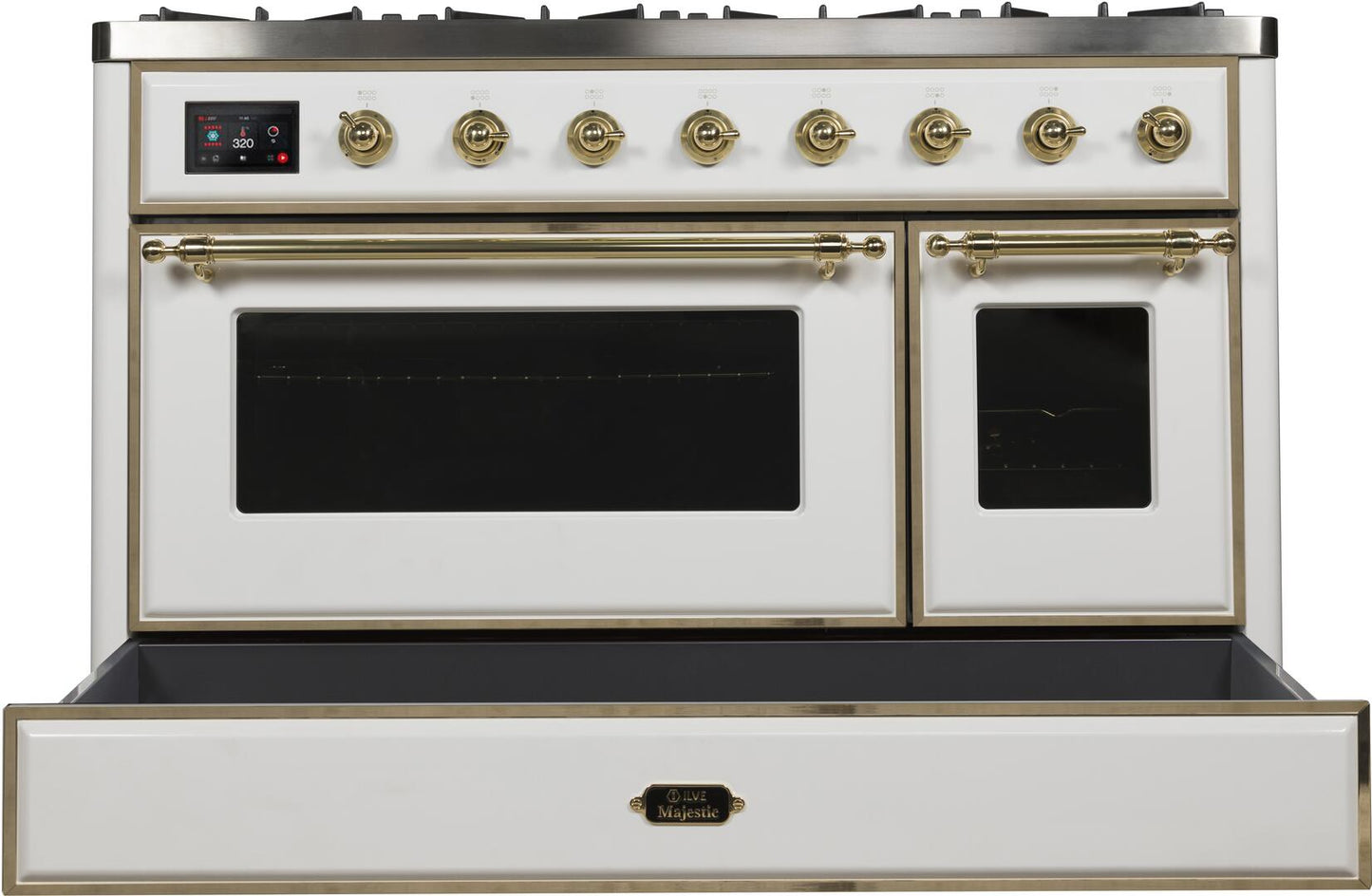 Ilve UM12FDNS3WHGLP Majestic Ii 48 Inch Dual Fuel Liquid Propane Freestanding Range In White With Brass Trim