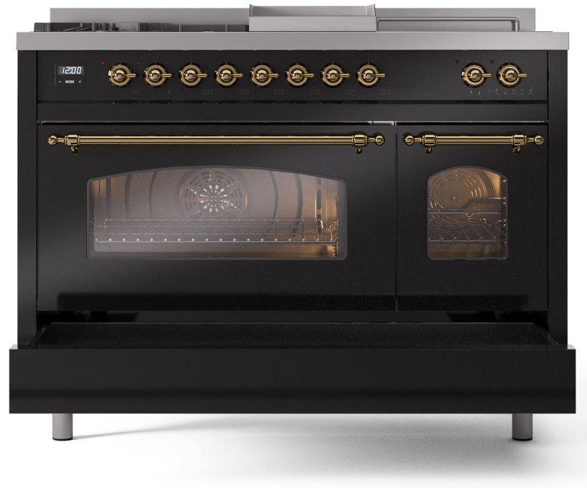 Ilve UP48FSNMPBKGLP Nostalgie Ii 48 Inch Dual Fuel Liquid Propane Freestanding Range In Glossy Black With Brass Trim