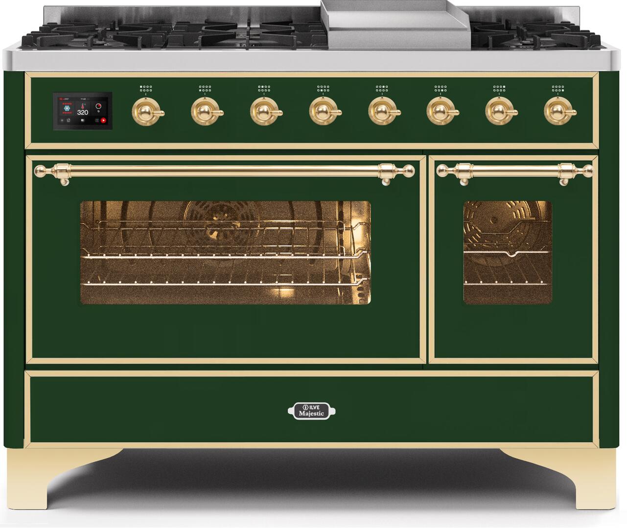 Ilve UM12FDNS3EGG Majestic Ii 48 Inch Dual Fuel Natural Gas Freestanding Range In Emerald Green With Brass Trim