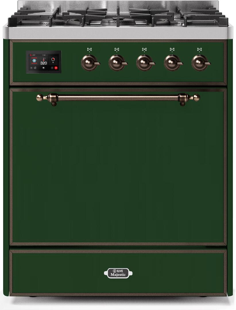 Ilve UM30DQNE3EGBLP Majestic Ii 30 Inch Dual Fuel Liquid Propane Freestanding Range In Emerald Green With Bronze Trim