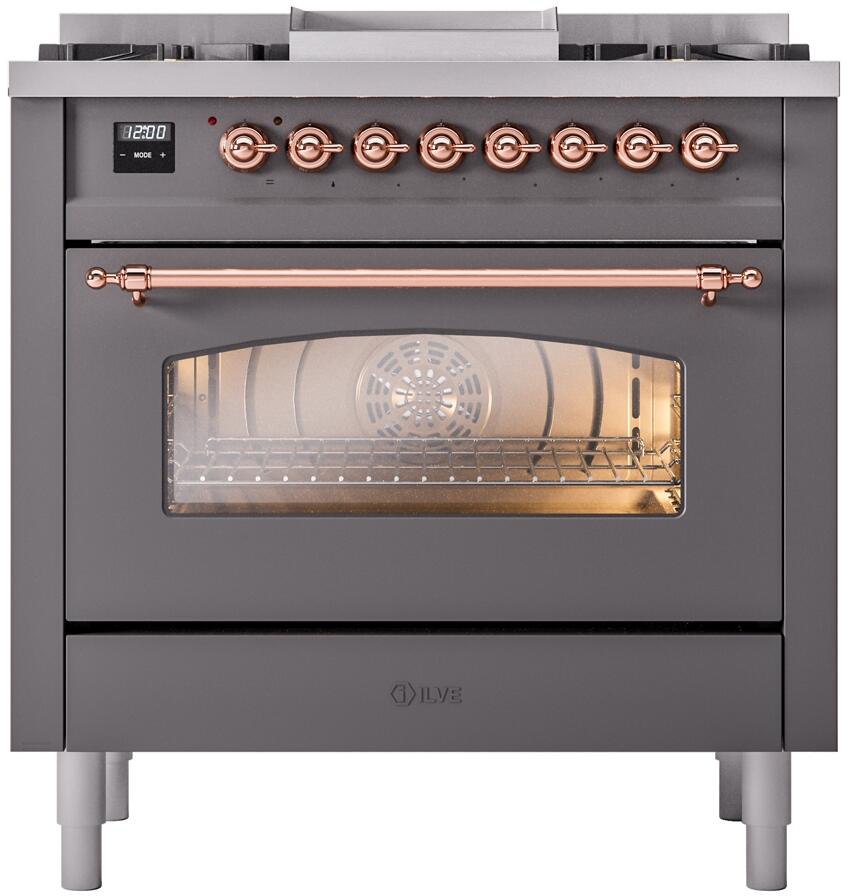 Ilve UP36FNMPMGP Nostalgie Ii 36 Inch Dual Fuel Natural Gas Freestanding Range In Matte Graphite With Copper Trim