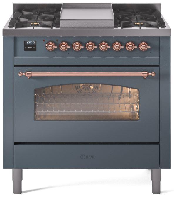 Ilve UP36FNMPBGP Nostalgie Ii 36 Inch Dual Fuel Natural Gas Freestanding Range In Blue Grey With Copper Trim