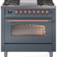 Ilve UP36FNMPBGP Nostalgie Ii 36 Inch Dual Fuel Natural Gas Freestanding Range In Blue Grey With Copper Trim