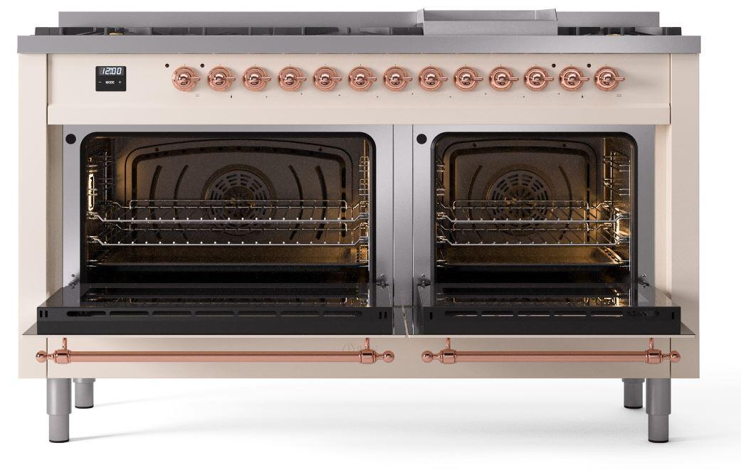 Ilve UP60FNMPAWP Nostalgie Ii 60 Inch Dual Fuel Natural Gas Freestanding Range In Antique White With Copper Trim