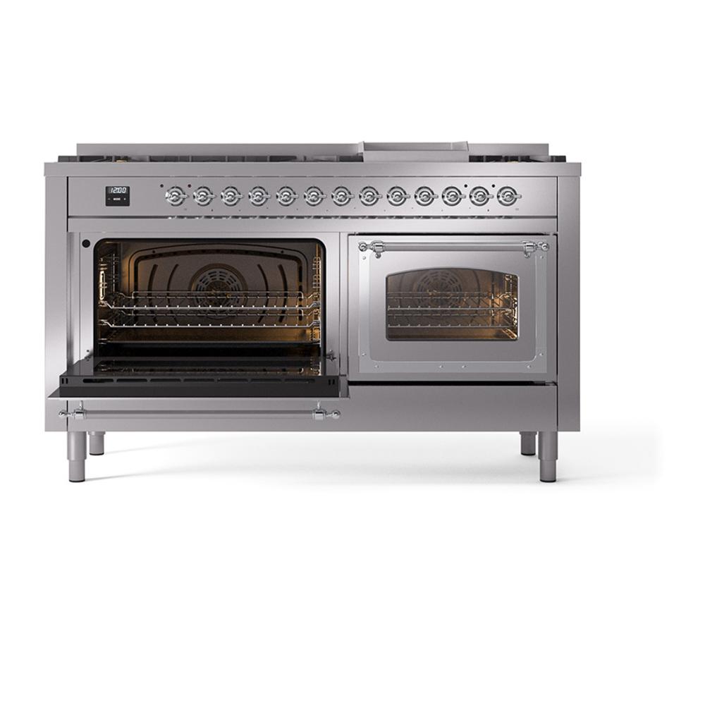 Ilve UN60FNMPSSC Ilve Un60Fnmpssc Nostalgie Ii Noblesse 60" Dual Fuel Range (9 Sealed Burners + Griddle, Natural Gas, Triple Glass Door, Stainless Steel, Chrome)