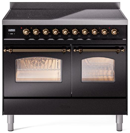 Ilve UPDI406NMPBKB Nostalgie Ii 40 Inch Electric Freestanding Range In Glossy Black With Bronze Trim