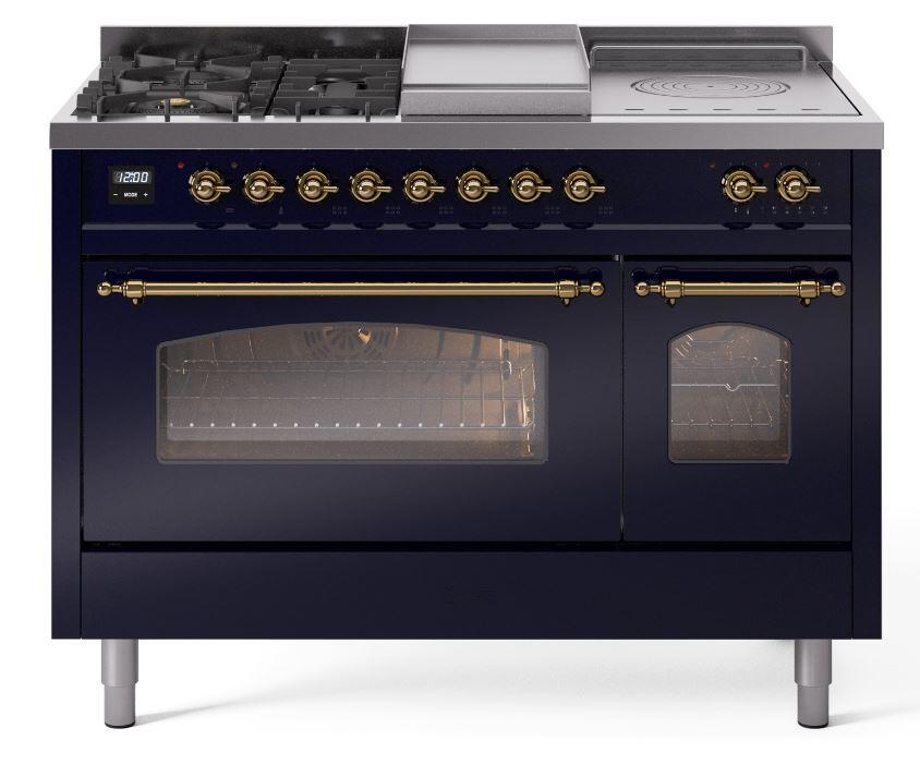 Ilve UP48FSNMPMBGLP Nostalgie Ii 48 Inch Dual Fuel Liquid Propane Freestanding Range In Blue With Brass Trim