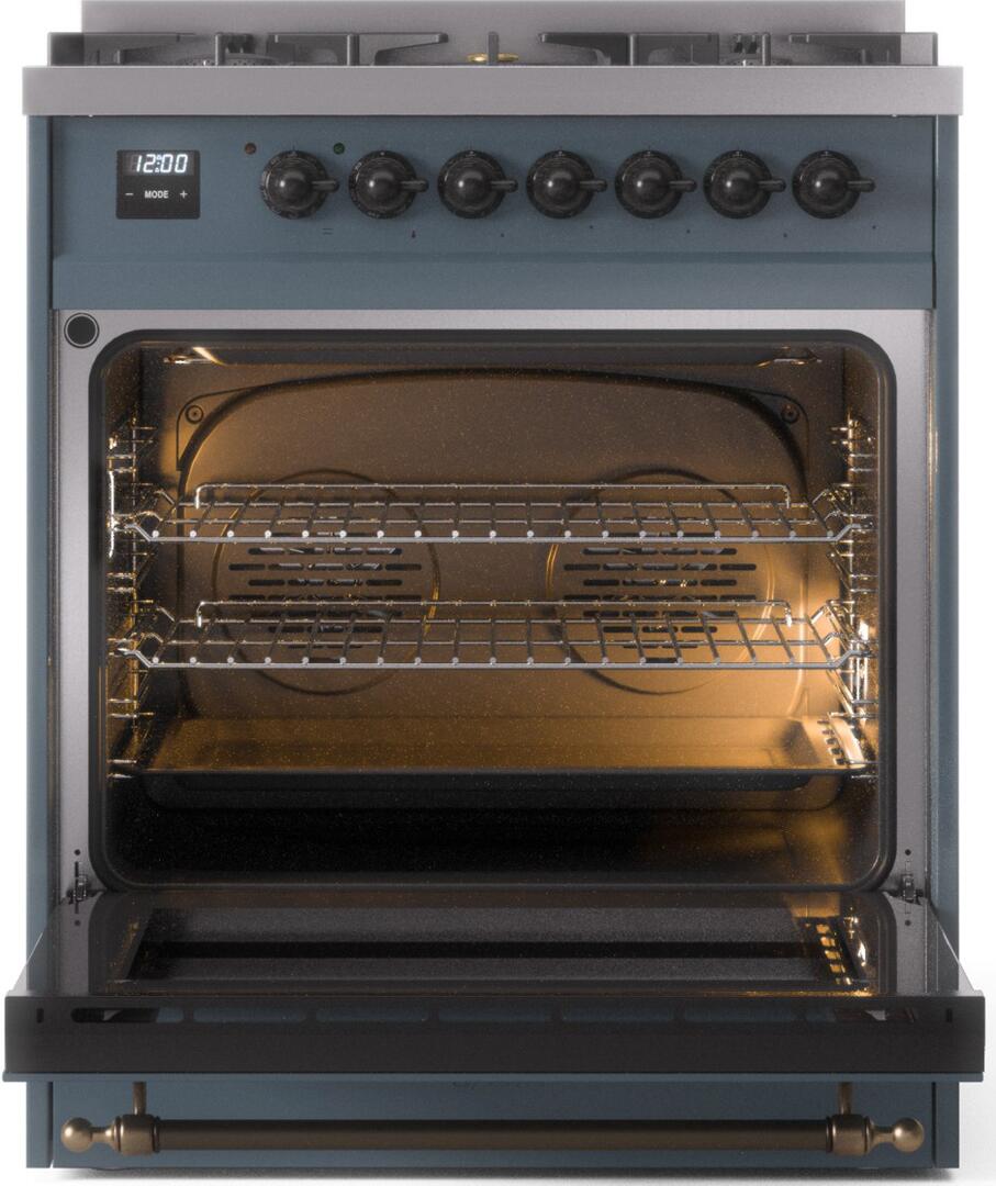 Ilve UP30NMPBGB Nostalgie Ii 30 Inch Dual Fuel Natural Gas Freestanding Range In Blue Grey With Bronze Trim