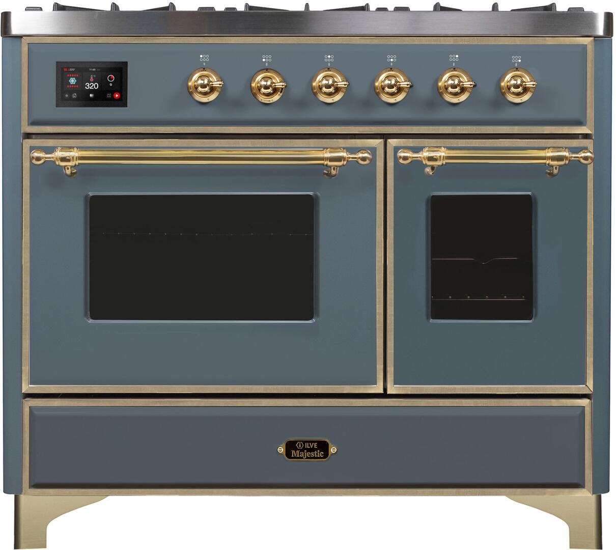 Ilve UMD10FDNS3BGG Majestic Ii 40 Inch Dual Fuel Natural Gas Freestanding Range In Blue Grey With Brass Trim