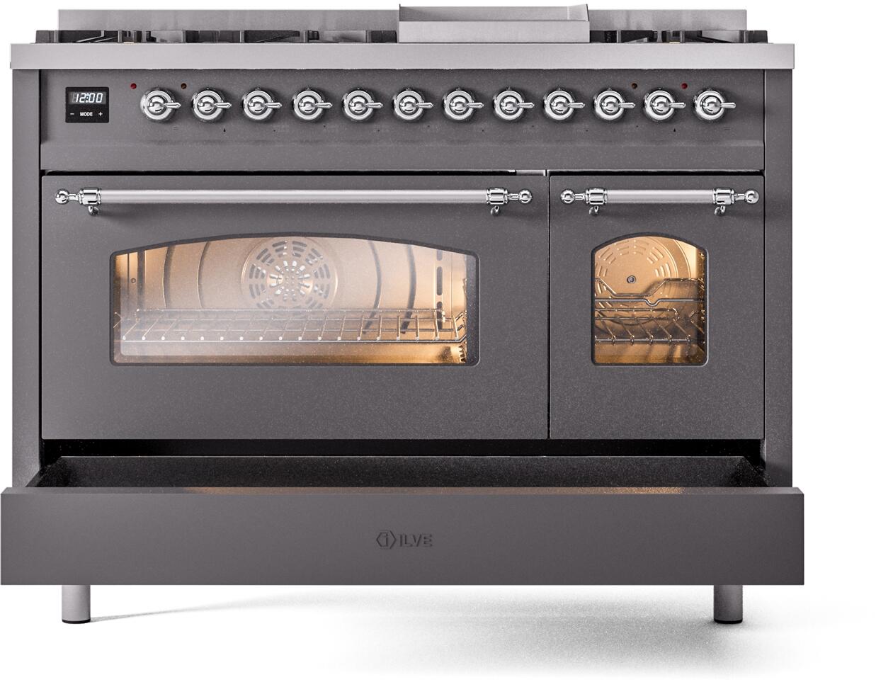 Ilve UP48FNMPMGC Nostalgie Ii 48 Inch Dual Fuel Natural Gas Freestanding Range In Matte Graphite With Chrome Trim